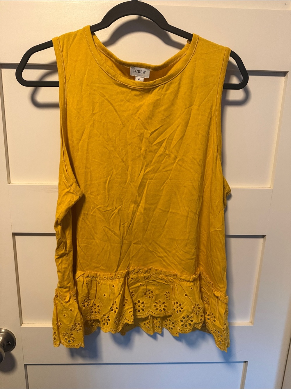 J. Crew Mustard Yellow Sleeveless Eyelet Hem Cotton Top